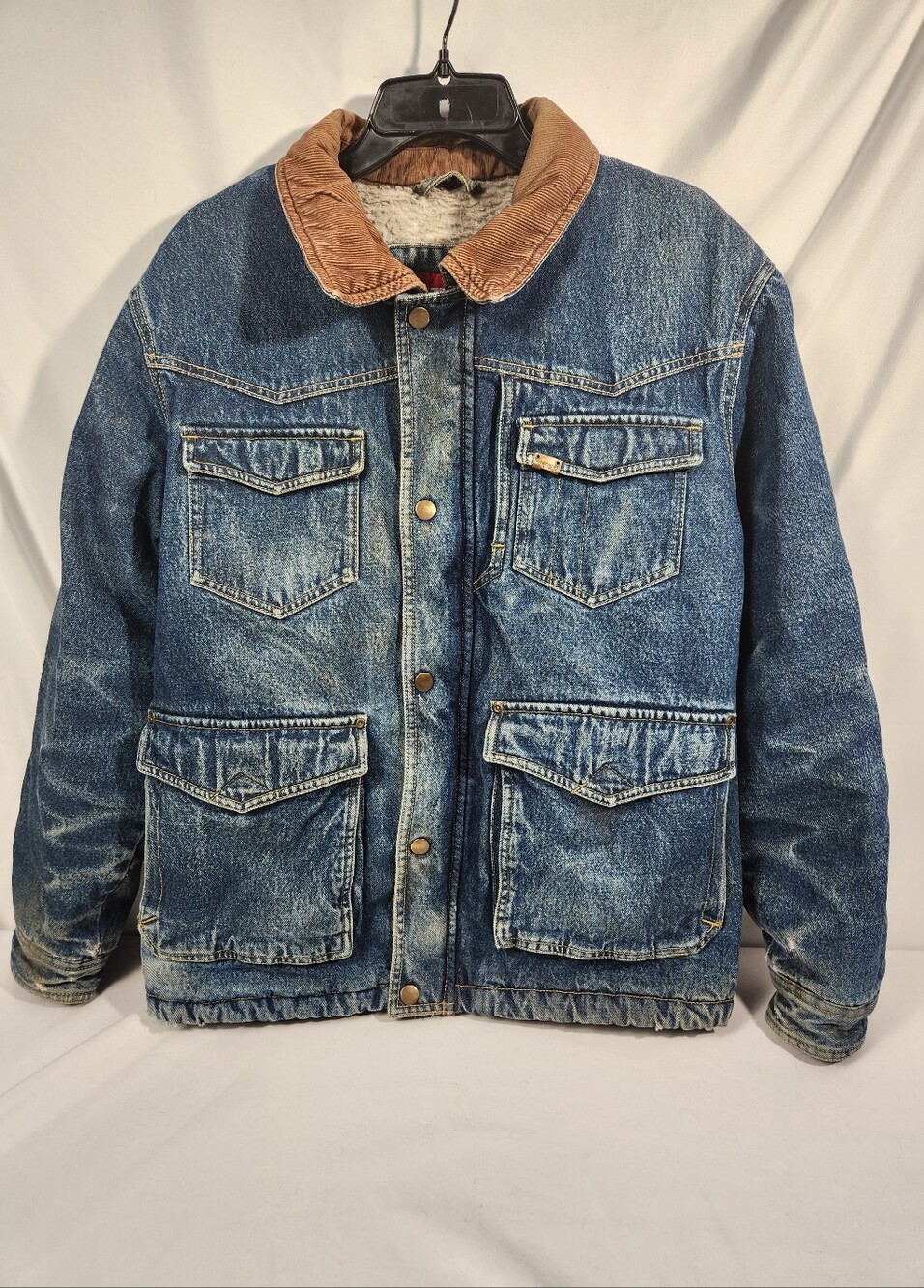 Vintage 80s Wrangler Sherpa Lined Denim Jacket Corduroy Collar Size XL